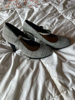 Allegra K Black & White Plaid Mary Jane Heels